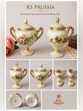 Antique RS Prussia Red Mark Cherub Roses Footed Creamer & Sugar Bowl Set EUC